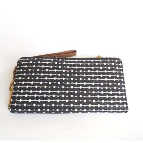 New! FOSSIL Logan RFID Wallet Zip Around Clutch Wristlet Strap Black Stripe - Picture 8 of 12